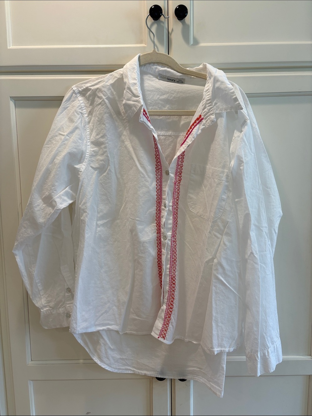 White Button-Up Shirt with Red Embroidered Trim